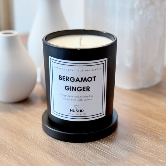 Bergamot Ginger coconut soy candle with citrus, sandalwood & warm spice. Luxury hand-poured in Canada, eco-friendly & vegan.