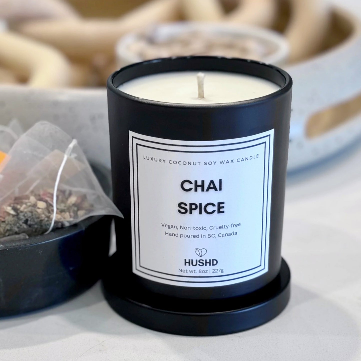 Chai Spice coconut soy candle with cinnamon, nutmeg and vanilla notes in matte black jar. Handmade in Vancouver, Canada.