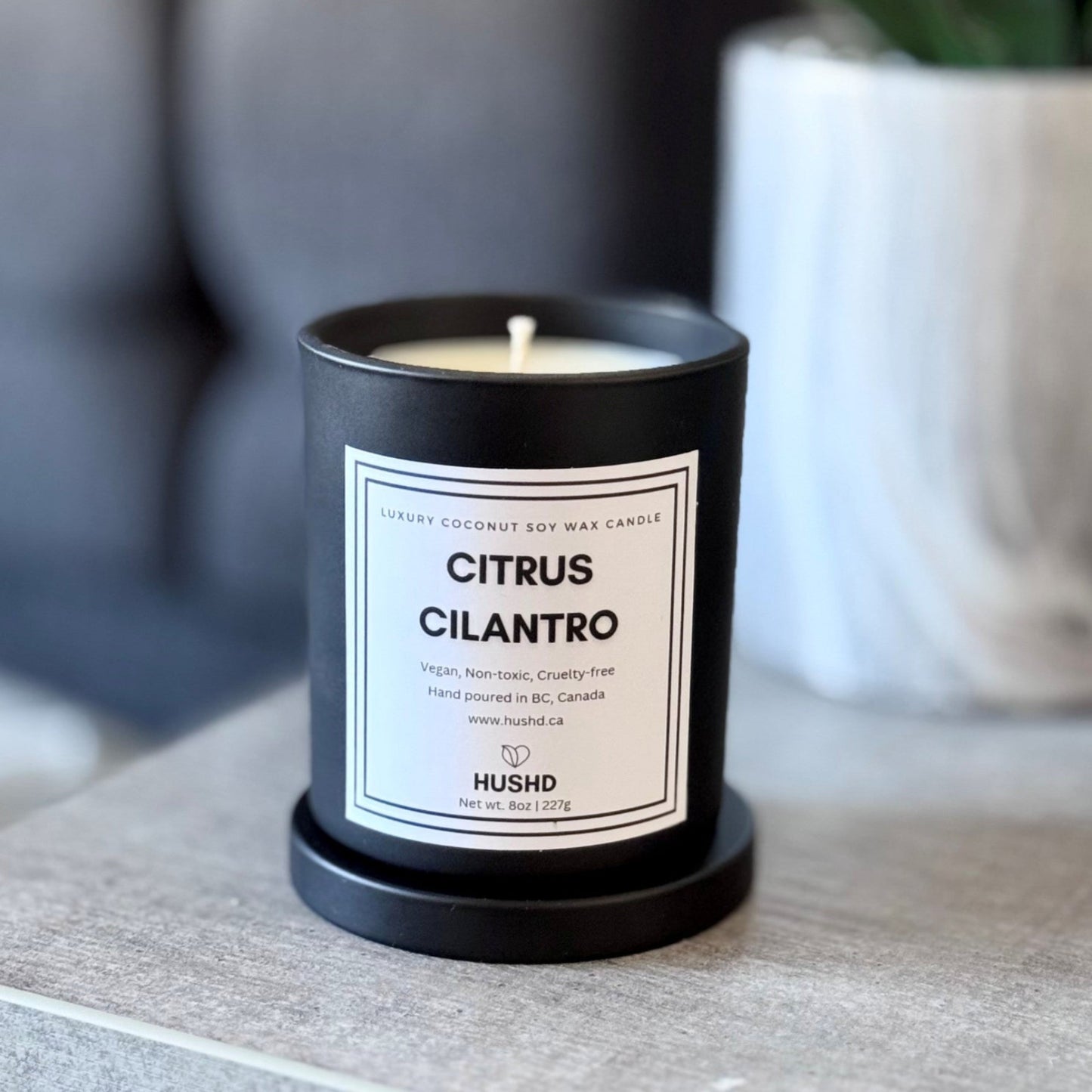 Citrus Cilantro luxury coconut soy candle in black matte glass jar with lid, hand-poured in Canada.