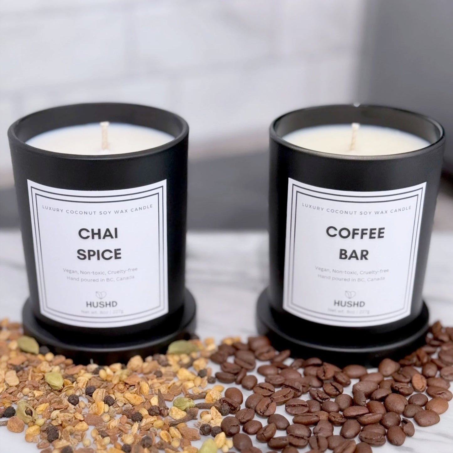 Coffee Bar and Chai Spice coconut soy candles – handmade in Coquitlam for luxury personalized gifting