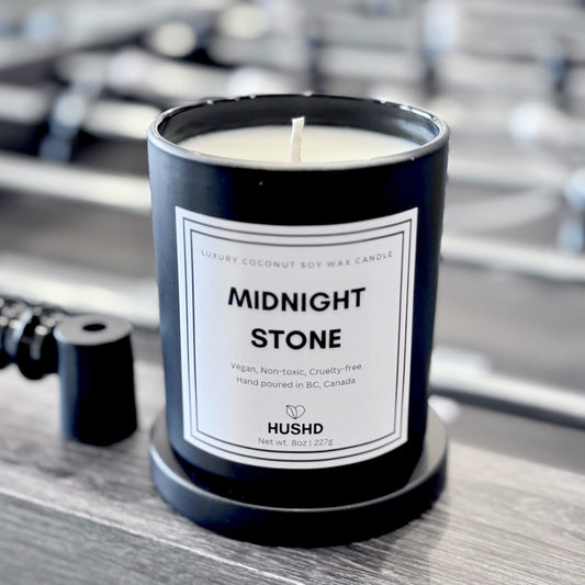 Get enchanted by the mystical scent of our Midnight Stone coconut soy candle, handmade in Canada. 