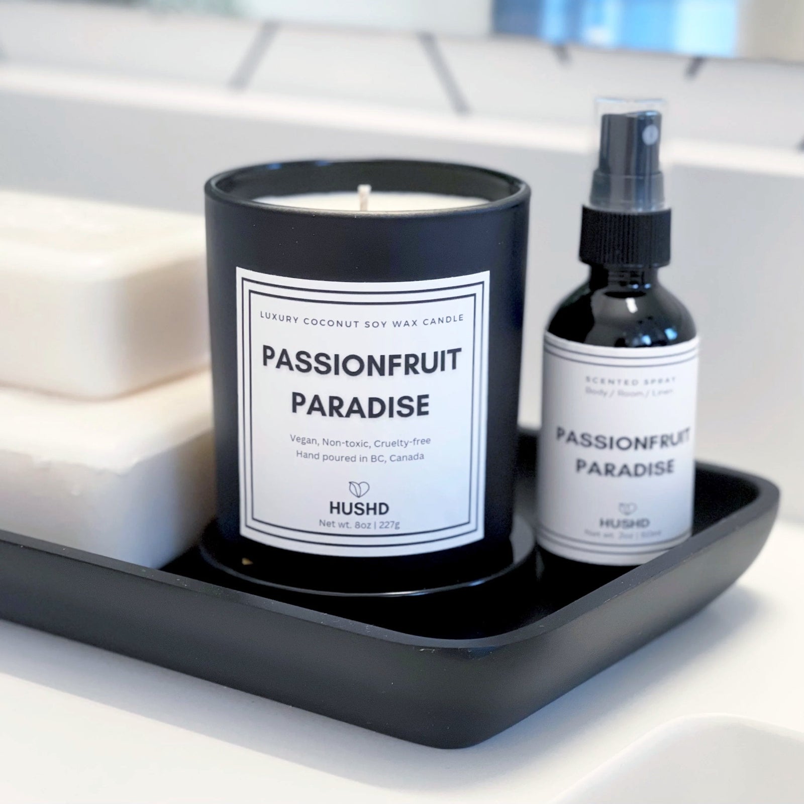 Luxury Passionfruit Paradise combo featuring coconut soy candle and natural spray with passionfruit fragrance, order yours today.