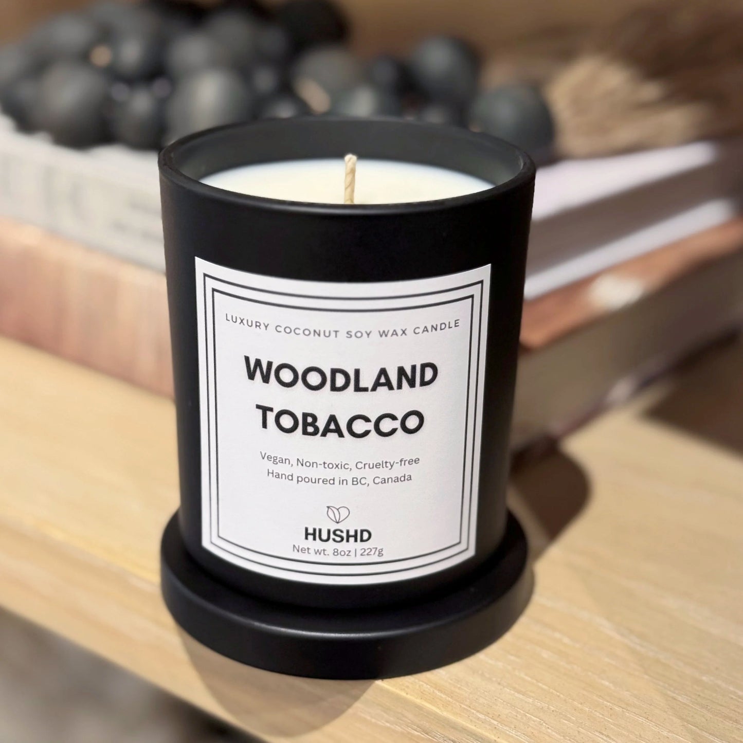 Woodland Tobacco natural coconut soy candle with citrus, vanilla and earthy notes - luxury Canadian candle.