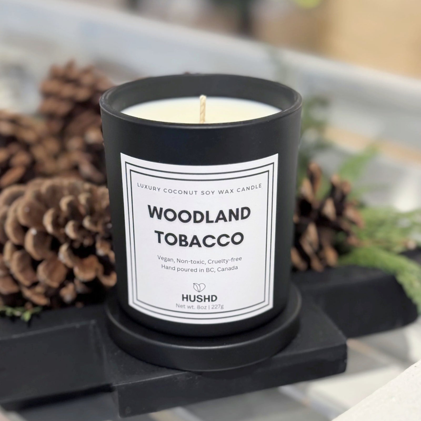 Eco-friendly Woodland Tobacco luxury candle with earthy leaf, amber and citrus scent - vegan coconut soy wax, shop now.